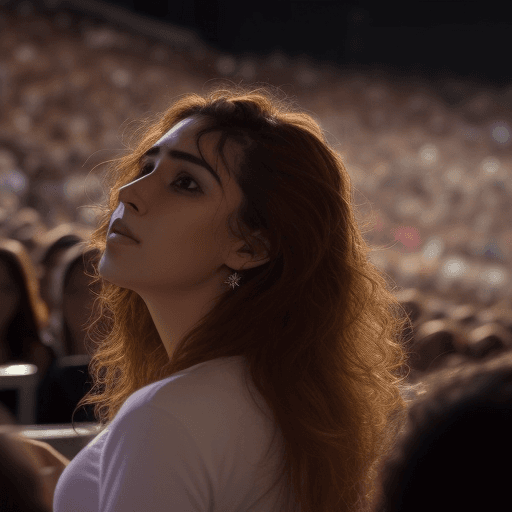 AI generated: mujer de pelo rizado y largo viendo un concierto de musica
