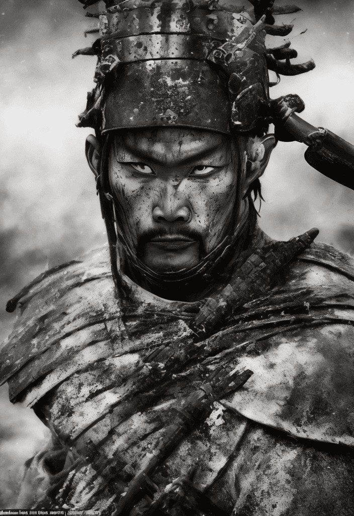 AI generated: Samurai looks at the enemy, stands after the battle, fear and horror on his face, tired and beaten, ...