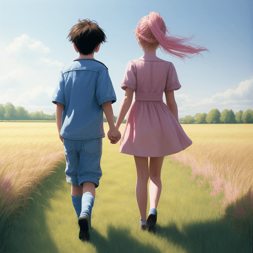 AI generated: boy and girl walking while they are holding their hands in a field. sunny day. from the back. boy an...