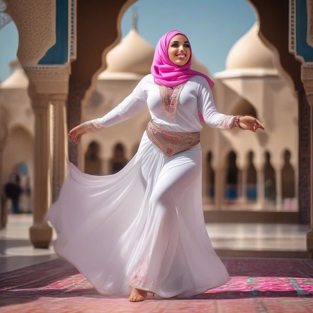 AI generated: Egyptian belly dancer, muslim woman wearing white color transparent hijab, full body photo, seductiv...