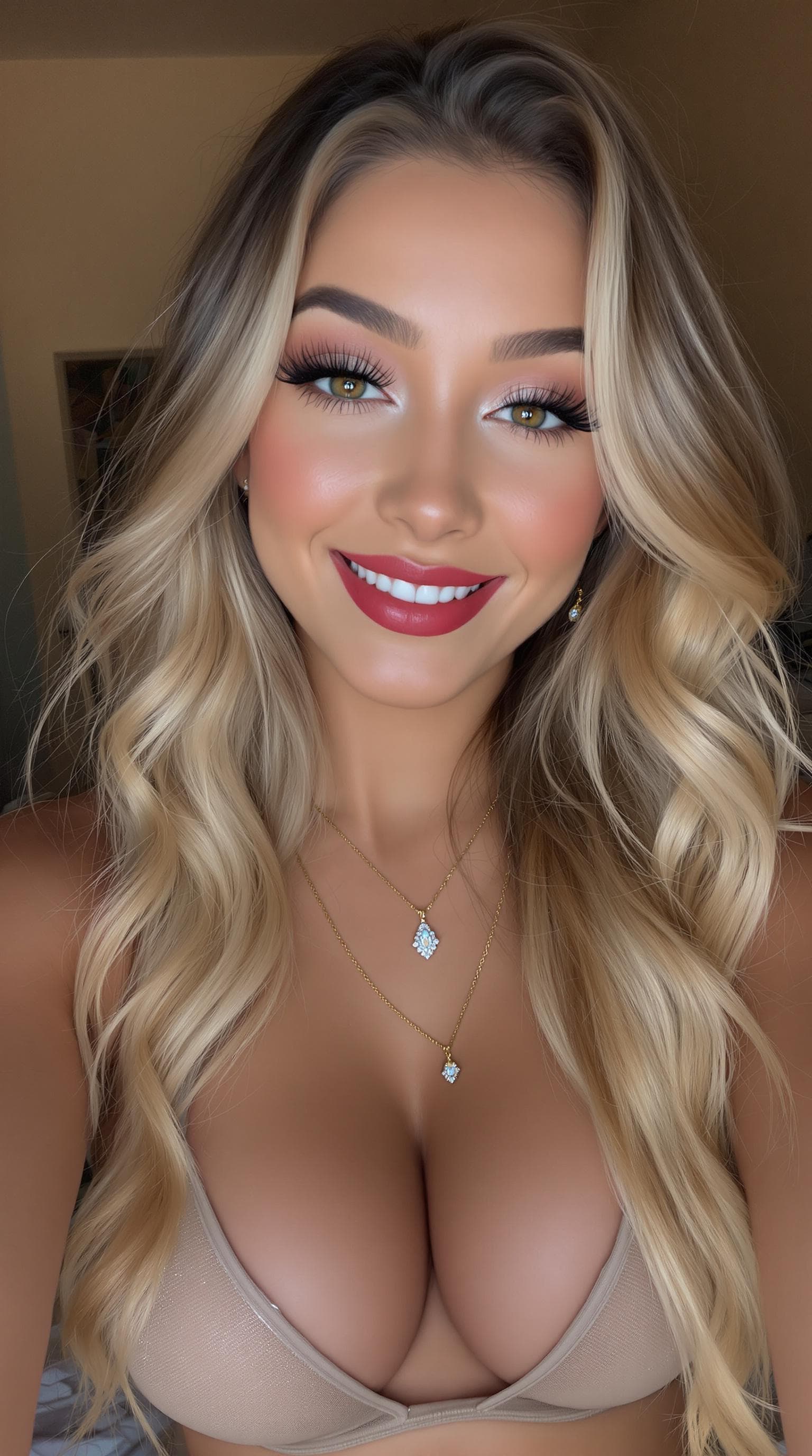 AI generated: Selfie ,a 18 Year Old light skin Mexican female, Smiling, long wispy eyelashes, prefect makeup done,...