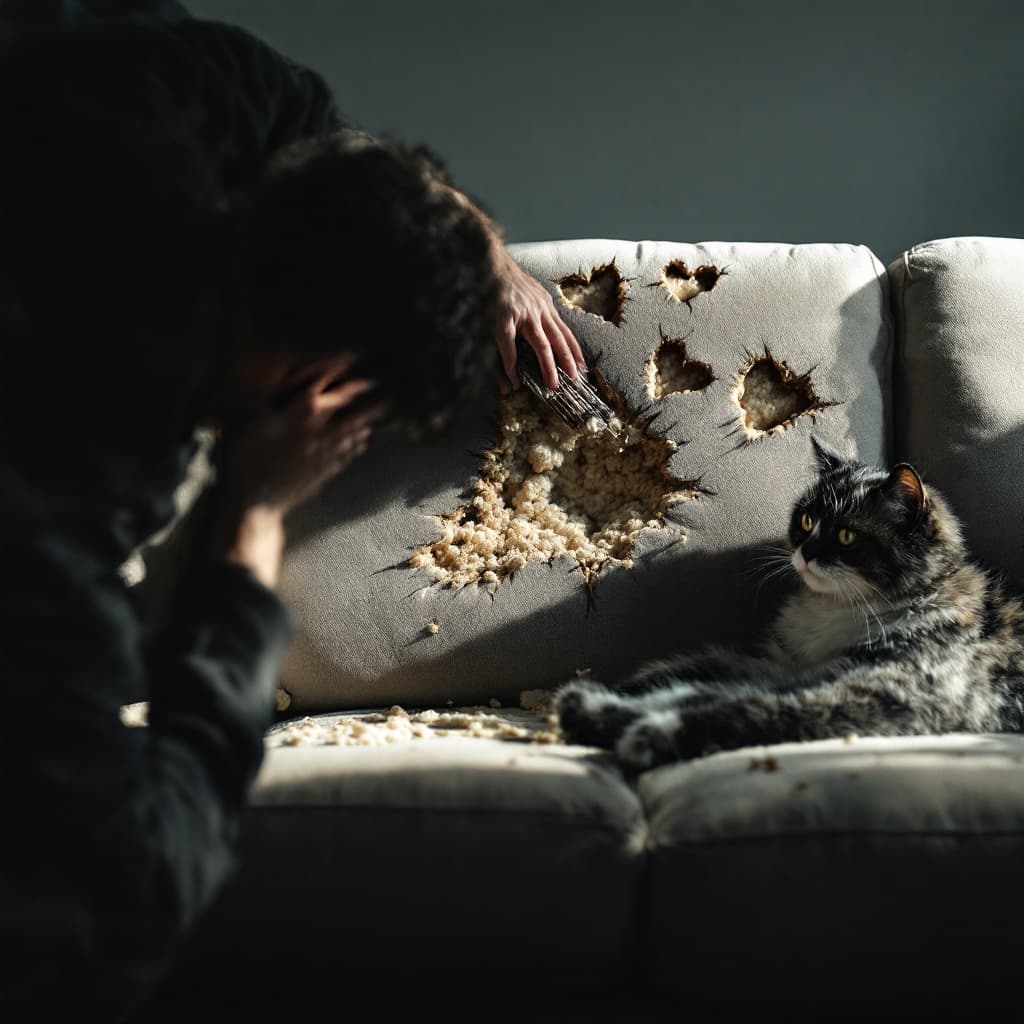AI generated: Third person perspective. An angry silhouette holds his head in his hands and stares at a couch scra...