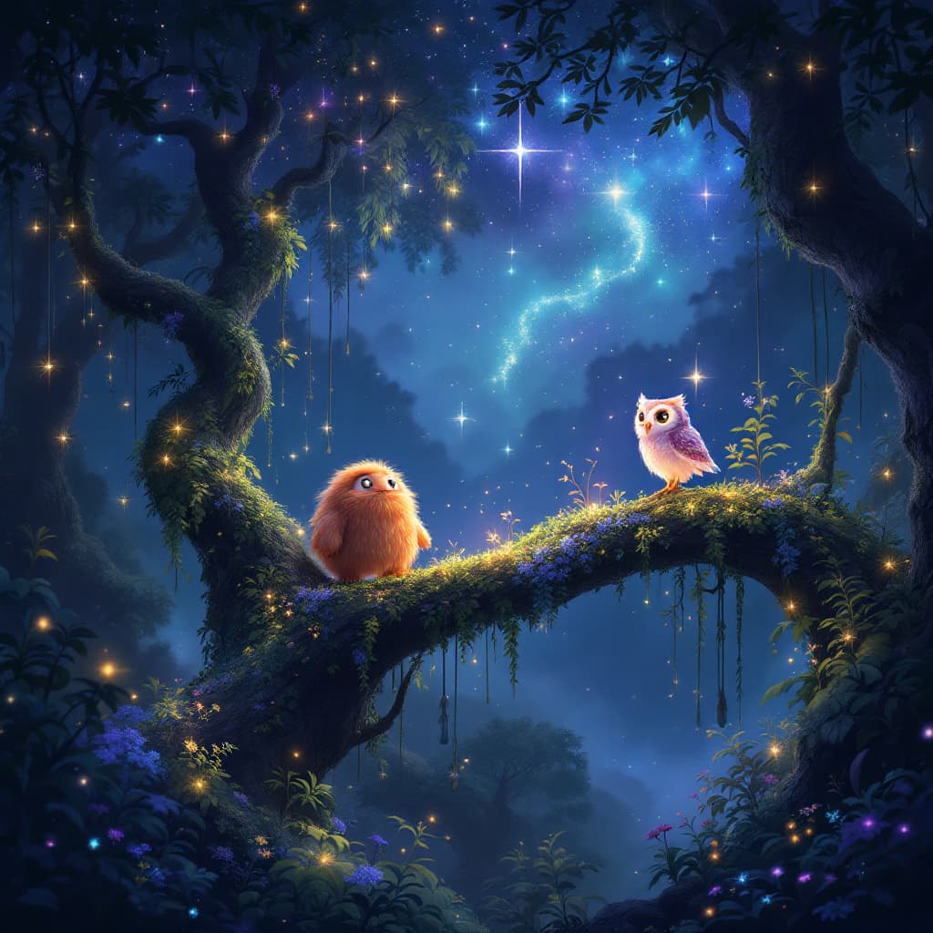 AI generated: Create a mystical, enchanted forest scene at night, filled with glowing plants, twinkling fireflies,...