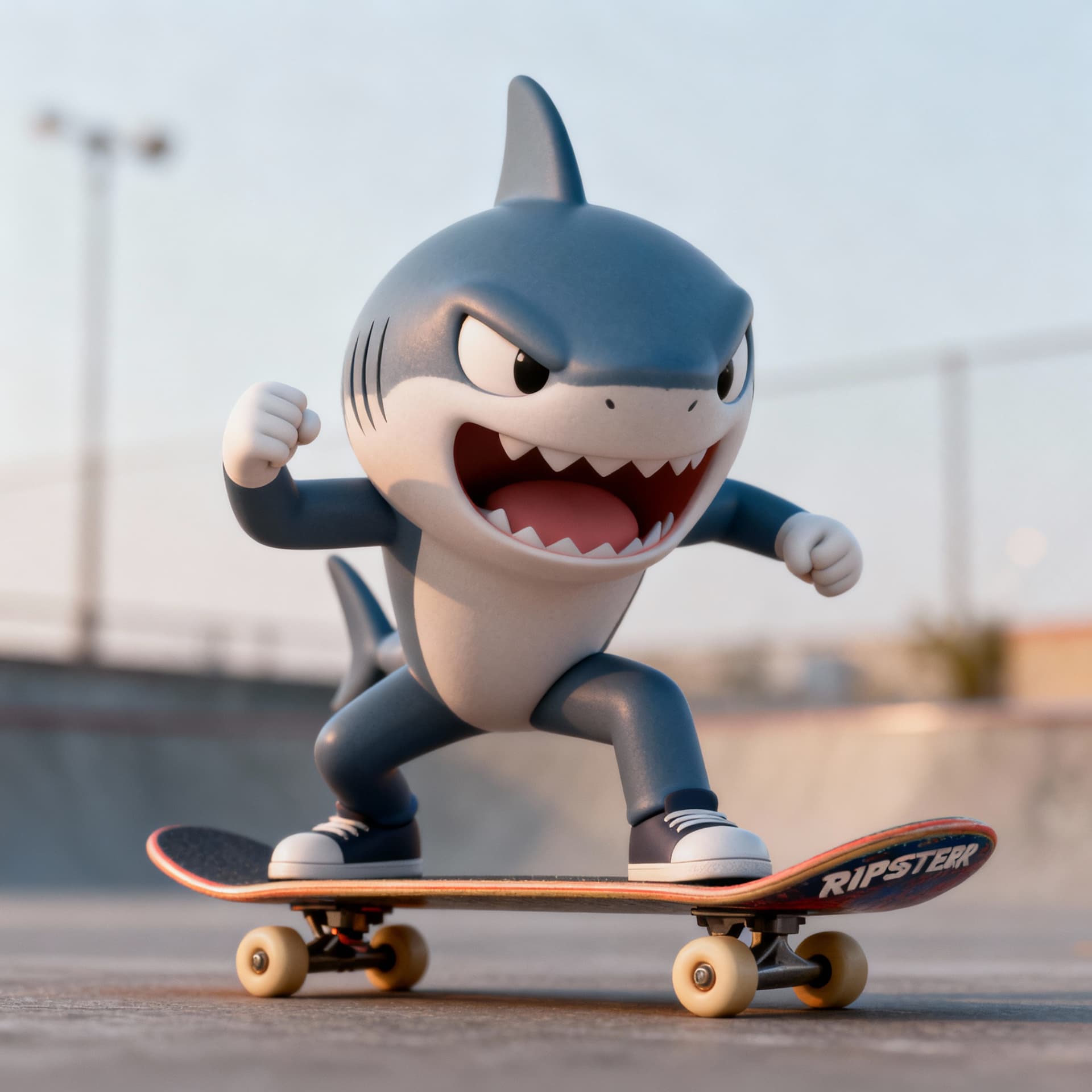 AI generated: 3d rendering, c4d, cartoon style, ACTION-DRIVEN RIPSTER FROM STREETSHARK IN EXAGGERATED POSE, EXPRES...