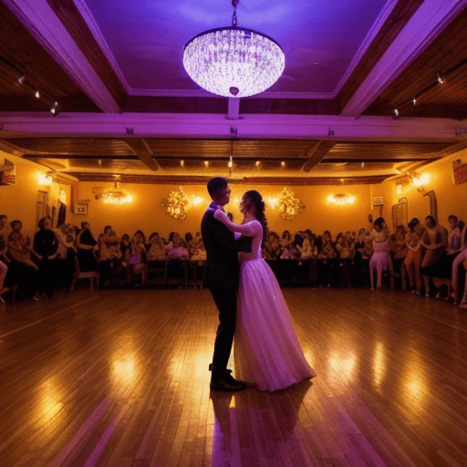 AI generated: Photo of a ultra realistic vibrant dance hall with couples dancing under soft, colorful lights, poli...