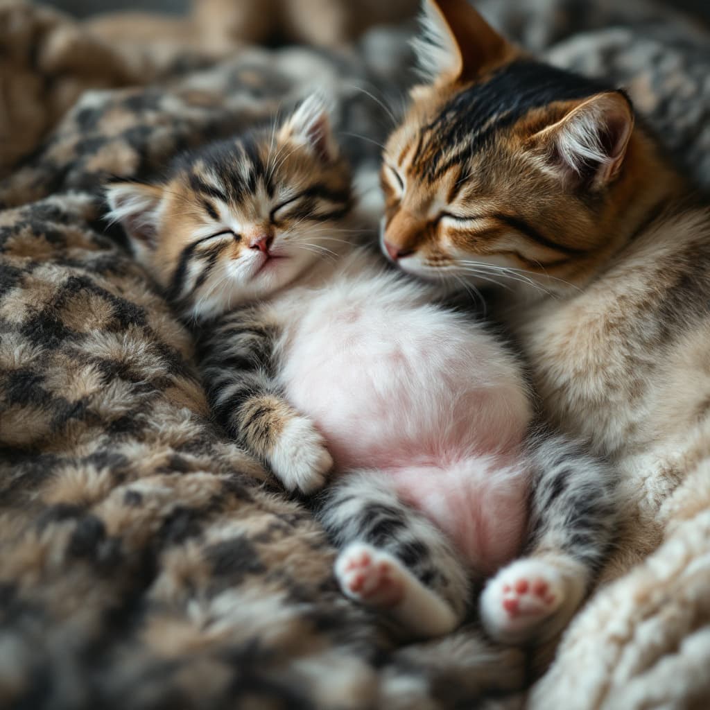 AI generated: a picture of a fluffy kitten on it's back laying against it's mother , with a big belly and asleep ,...