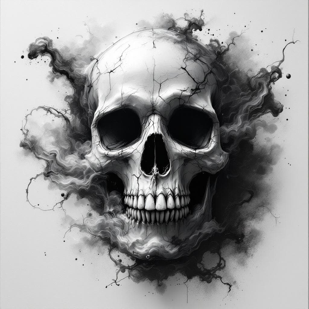 AI generated: A dramatic and artistic skull composition in black, white, and shades of gray, painted in impasto 3D...