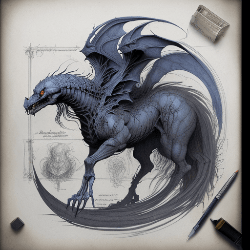 AI generated: leonardo da vinci color intricate full page scan blueprint of concept art dark creature, on grey pap...