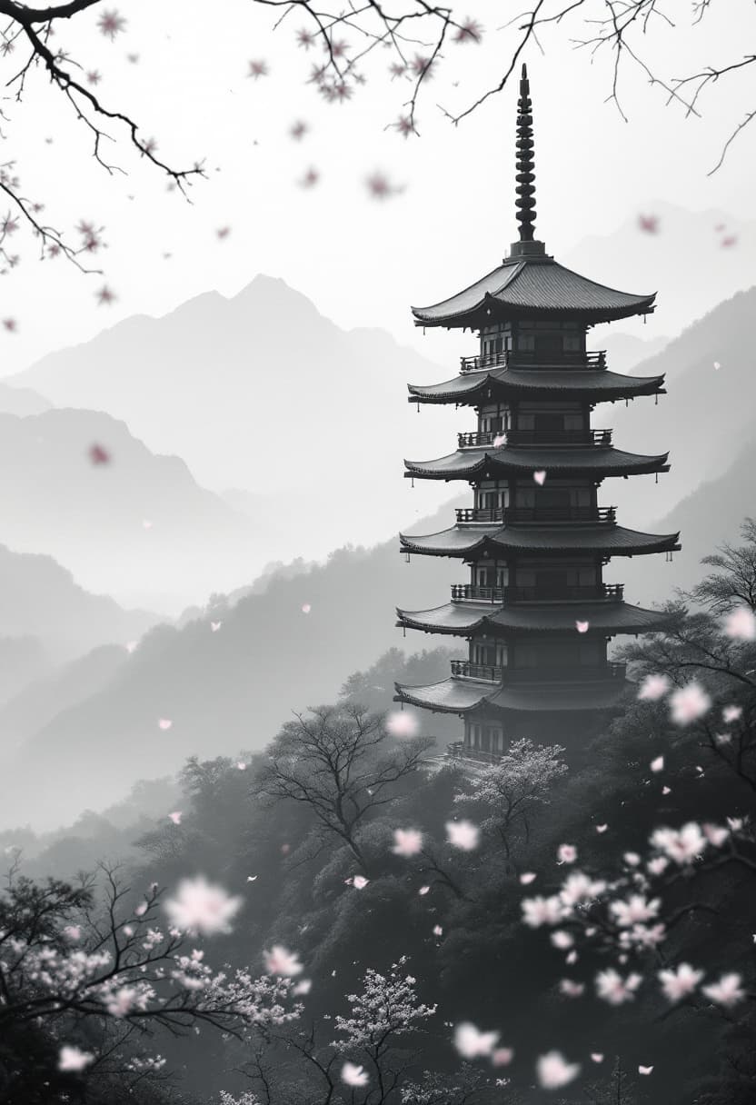 AI generated: A traditional Japanese pagoda standing in a misty mountainous landscape, mid-range cinematic shot, b...