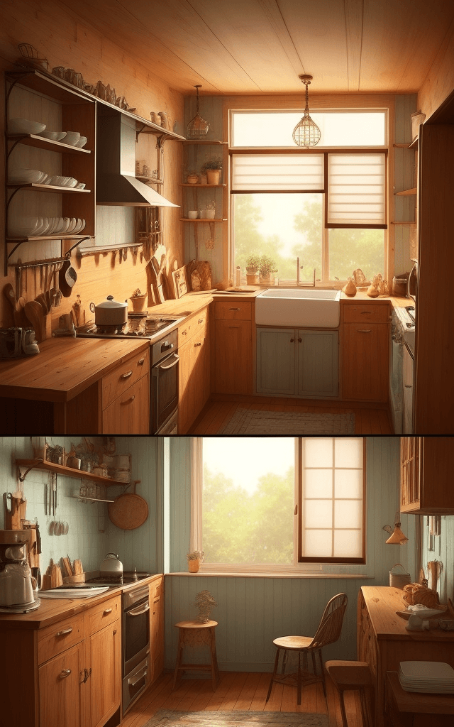 AI generated: cozy kitchen of small house with bohemian furnitures in the morning with shades of morning sun, anim...