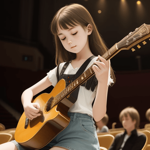 AI generated: Young girl with classic guitar playing in a concert hall