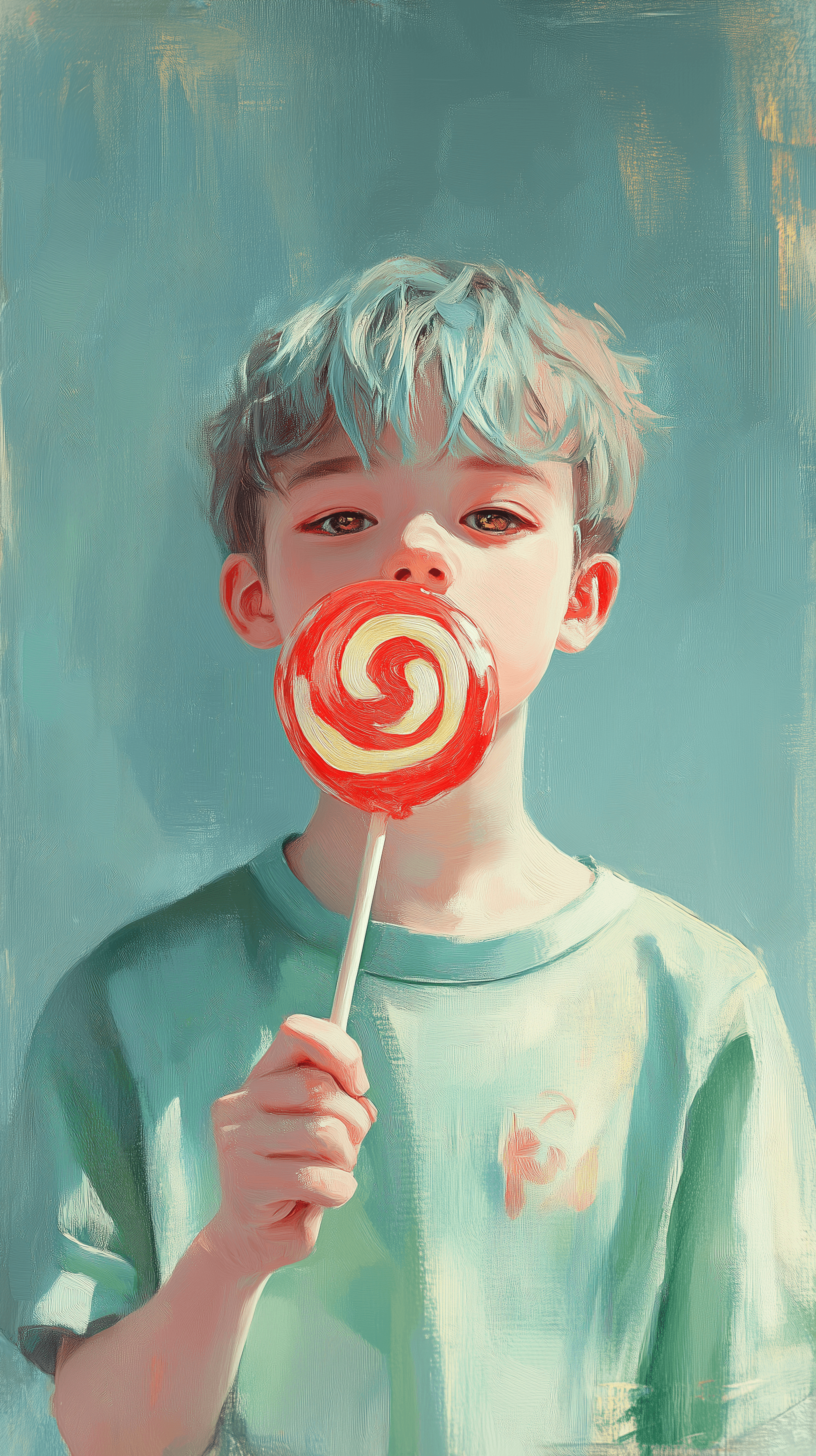 AI generated: oil painting, simplify style, front portraits, boy aged 8, short and light blue hair color, wearing ...