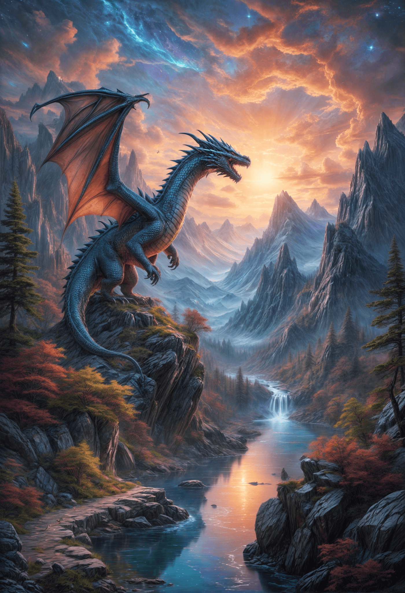 AI generated:  an epic fantasy scene of a mighty dragon soaring through a vibrant, otherworldly landscape. The dra...