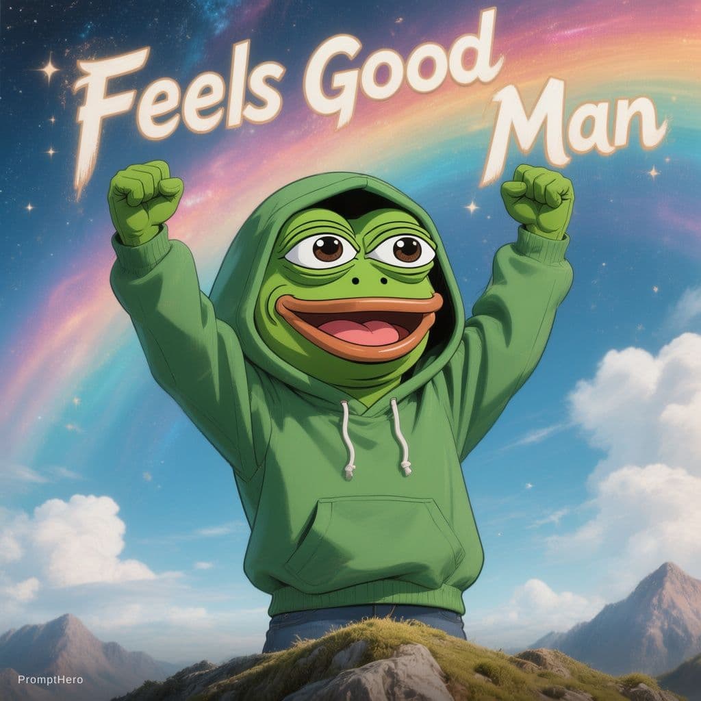 AI generated: Make me an an album cover of a cute anime pepe_frog in a green hoodie smiling standing on top of the...