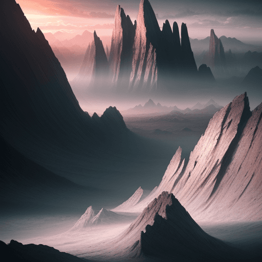AI generated: Photo of a dreamy landscape, abstract shapes, dramatic light, pale sunrise, battered, low angle, tre...