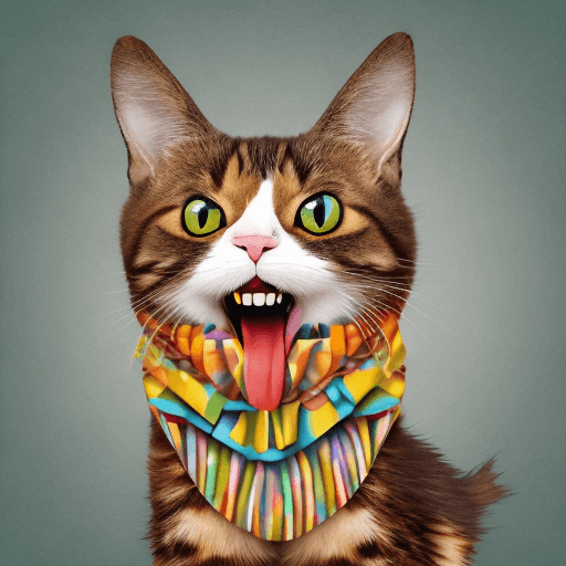 AI generated: Create a funny whimsical quirky cat with big grin and expressive eyes 
