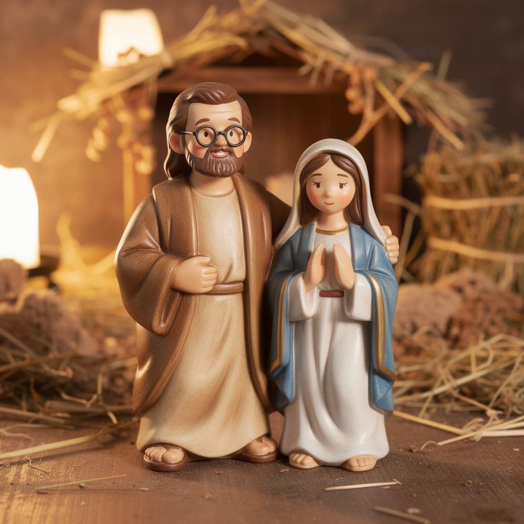 AI generated: take this couple and put like Jose in Maria in a nativity scene. they are figurines.