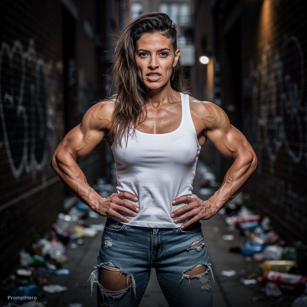 AI generated: Hyperrealistic art sharp focus, detailed edges, woman face, A perfect photo of a muscular woman stan...