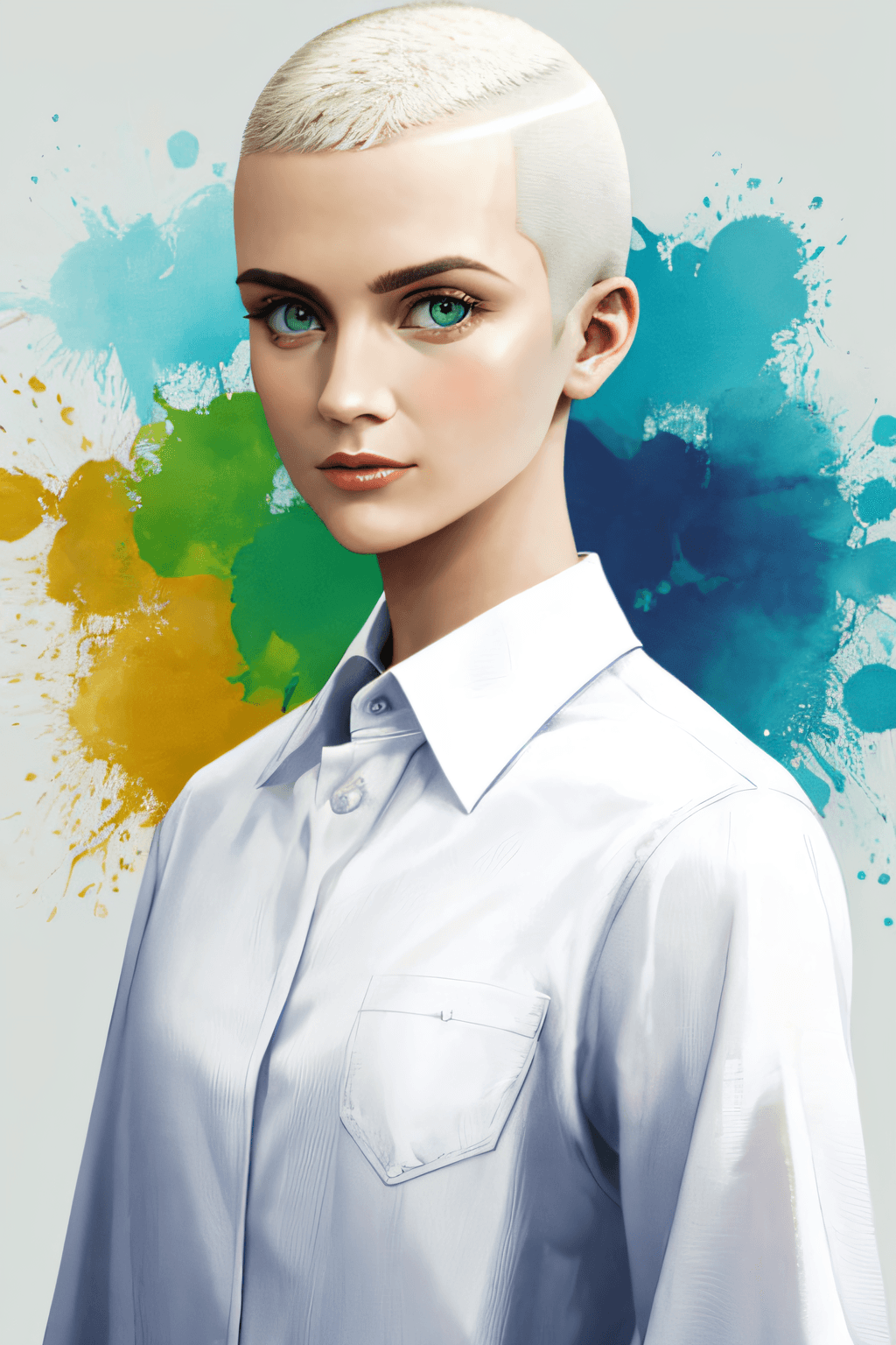AI generated: masterpiece, realistic, 8k, (1woman:1.3), european, hazelnut green eyes, white shirt, (blonde hair:1...