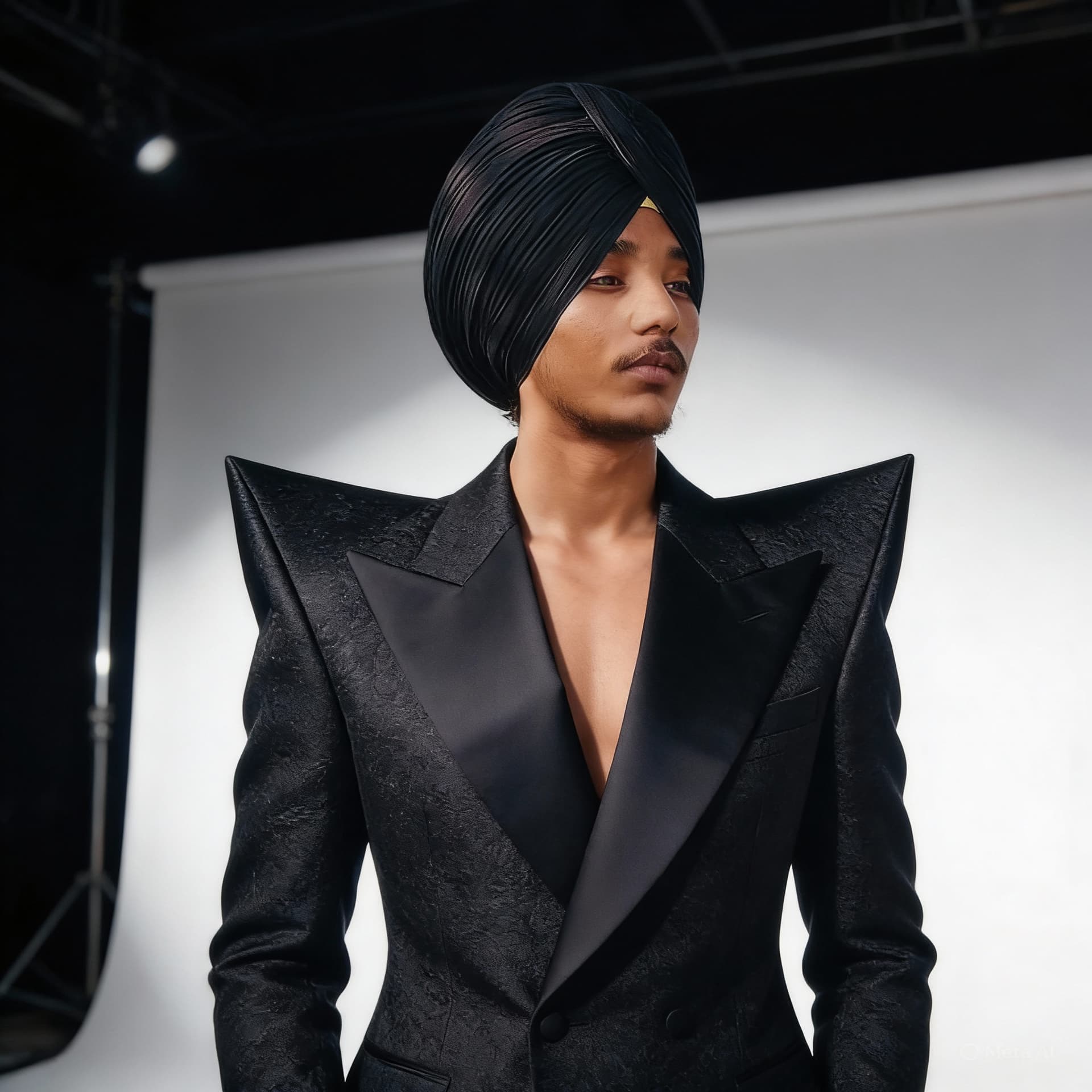 AI generated: "action": "image_generation",
"action_input": "A high-end fashion editorial portrait of a male model...