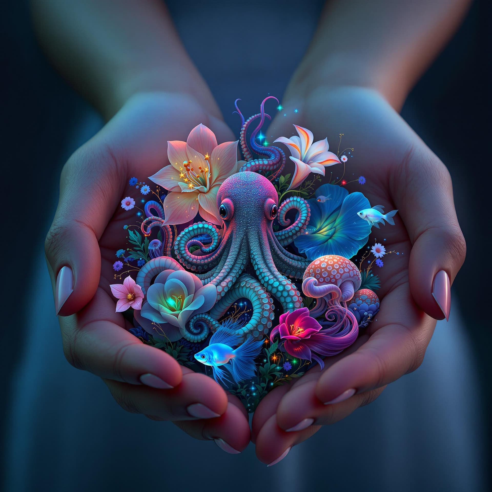 AI generated: A woman's hands holding an imaginary octopus, jellyfish, nautilus, orchid, betta fish bioluminescent...