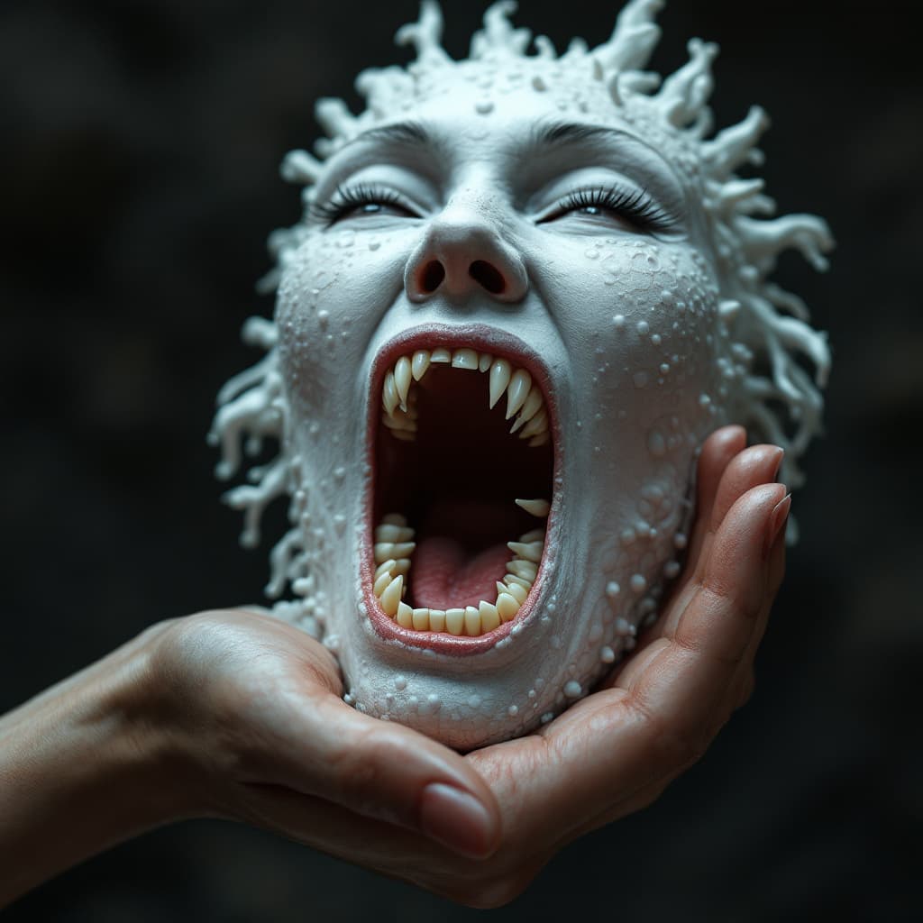 AI generated: she is a screaming mouth on the palm. Beautiful patterns made of lava. funny, White teeth in the sty...