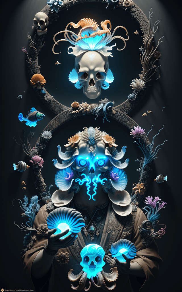 AI generated: Portrait of a god in the background. phoenix head cuttlefish, nautilus, stone flower, skull, betta f...