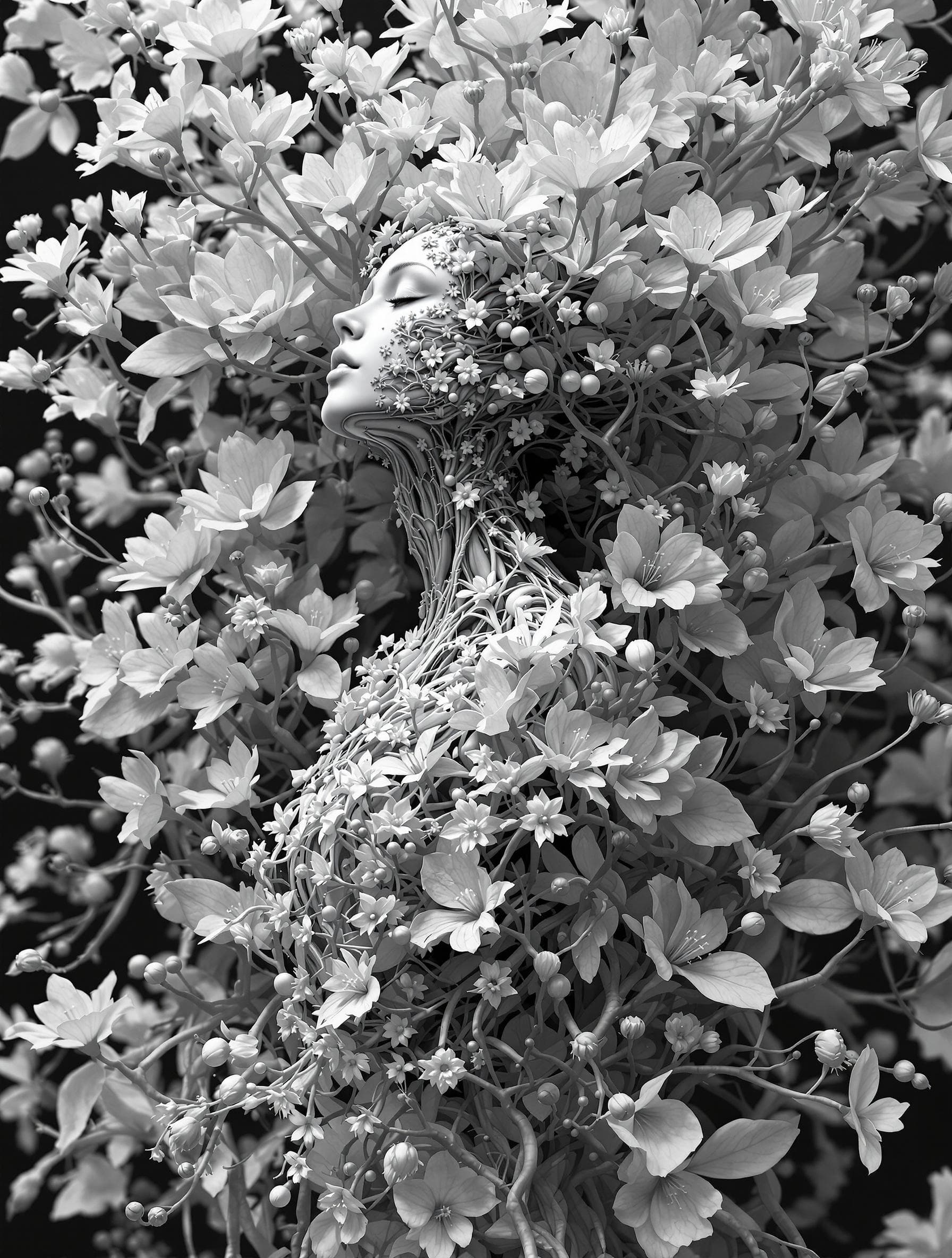 AI generated:  3d woman in flowers with human and flower shaped branches, in the style of medical imaging film. , ...