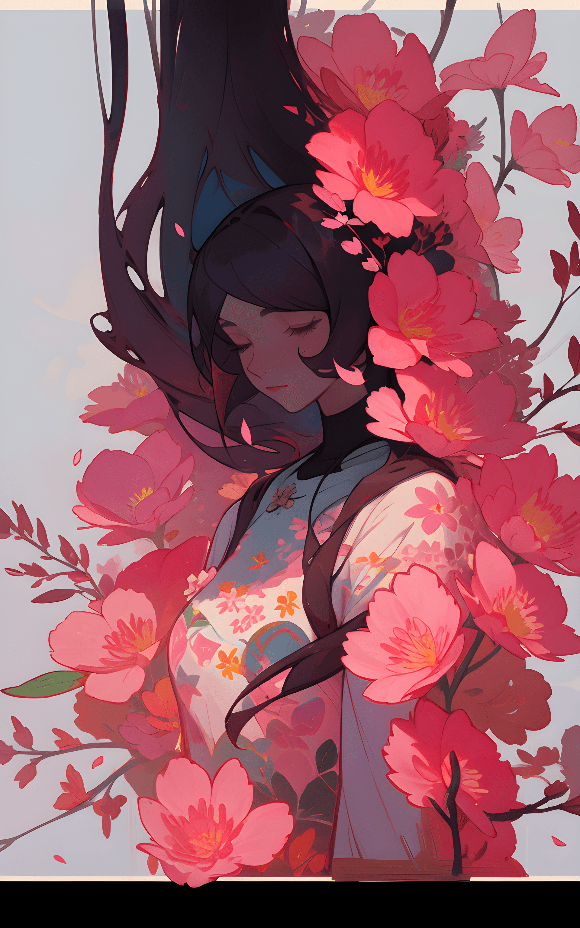 AI generated: a painting of a woman surrounded by flowers, by loish, digital art, pink petals, painting of beautif...