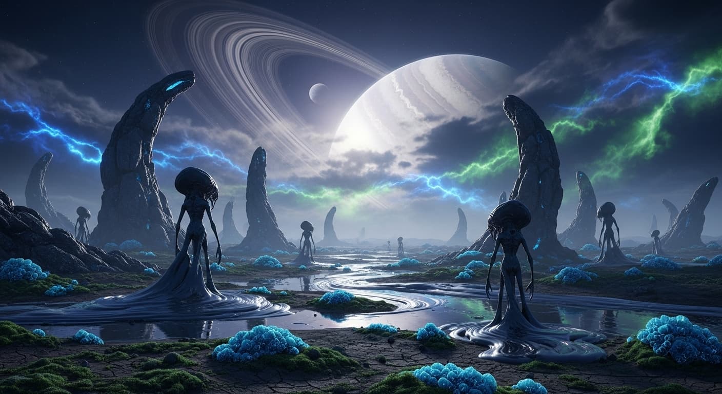 AI generated: a eerie landscape from a planet that is not our world, nothing is similar as it is on Earth. Some st...