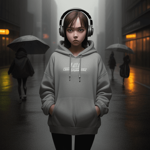 AI generated: masterpiece, girl alone, solo, incredibly absurd, grey hoodie, small headphones, street, outdoor, ra...