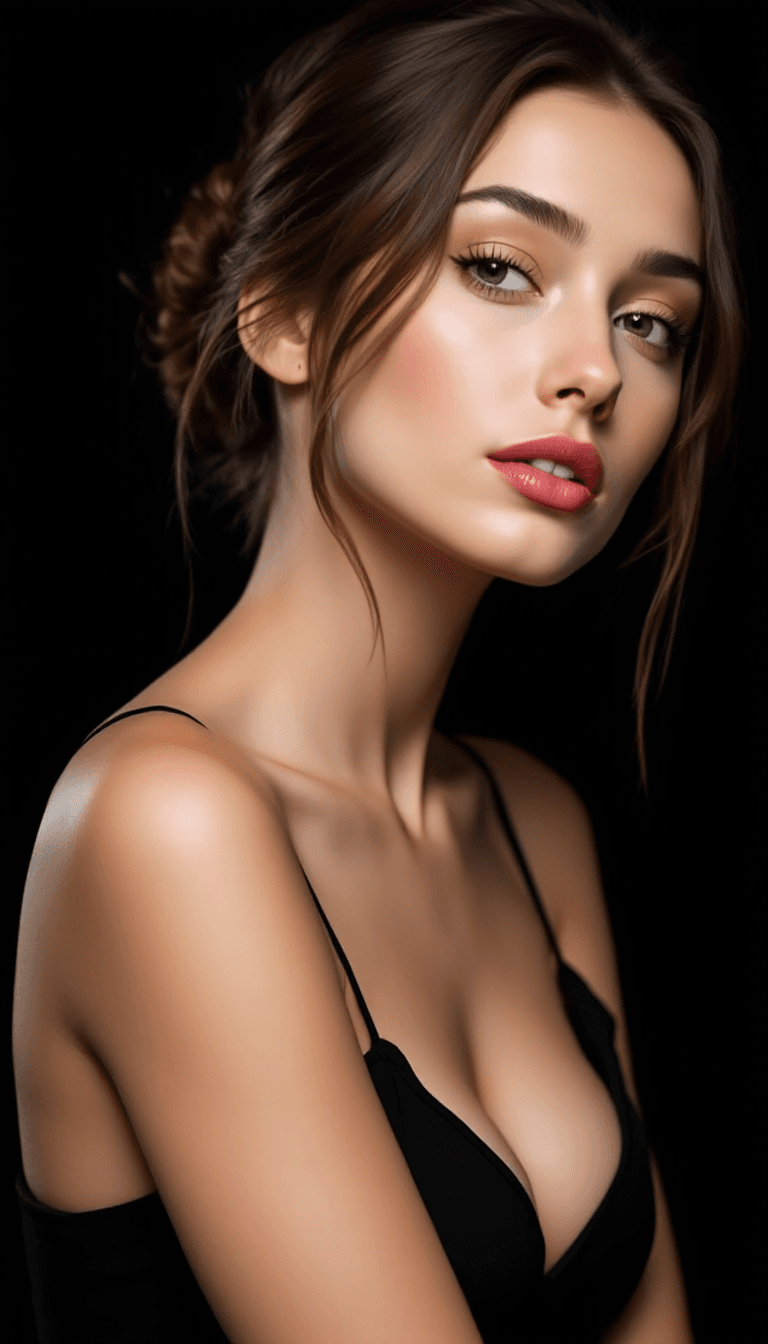 AI generated: A woman with fair skin, light red lipstick, and brown hair in a loose bun, wearing a black spaghetti...