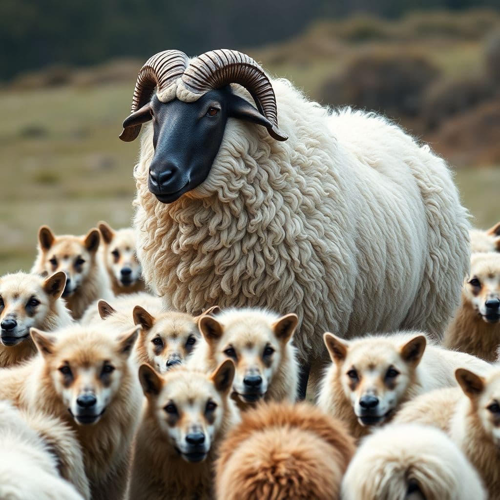 AI generated: a flock of wolves guarded by a very large and strong sheep, with wool wavy in the shape of muscles