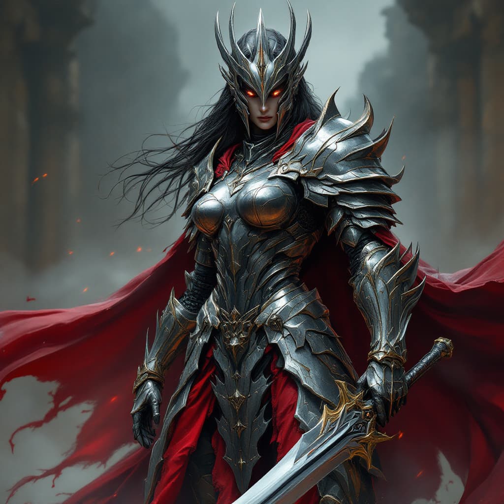 AI generated: A Queen of Steel. 
Her steel armor looks like a dress with shark knifes, her helmet has a line shape...