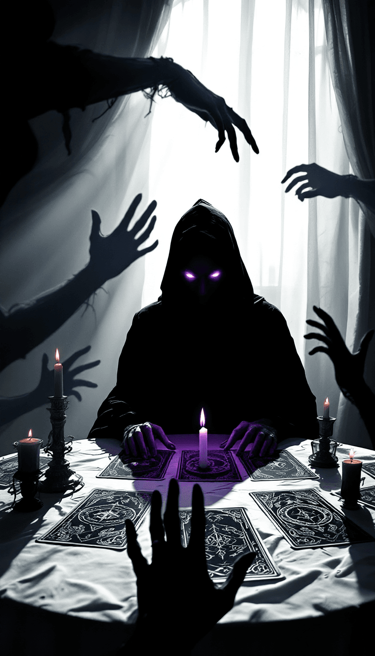 AI generated: A shadowy figure sits at a table bathed in flickering candlelight, their form barely visible apart f...