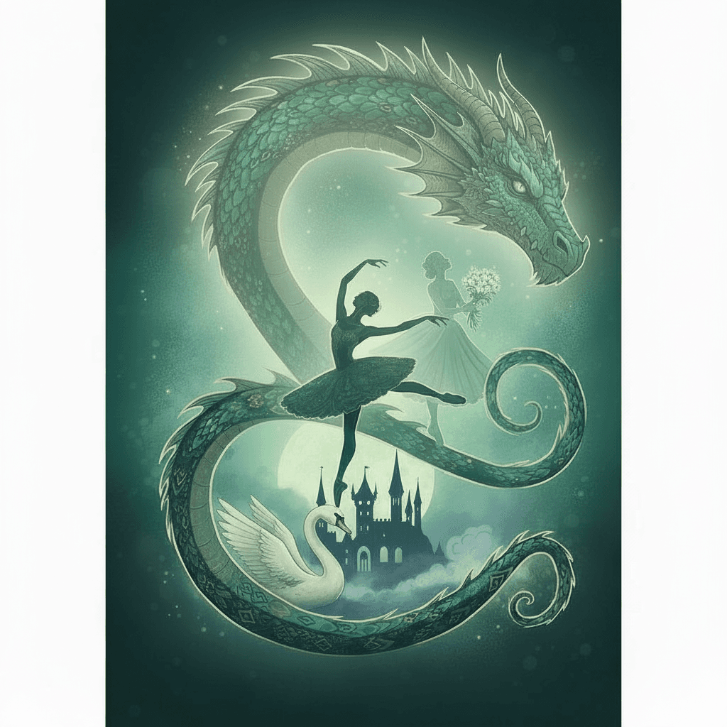 AI generated: make the swan Odeta Odilya bigger and light transparent behind the dragon, DONT change another parts...