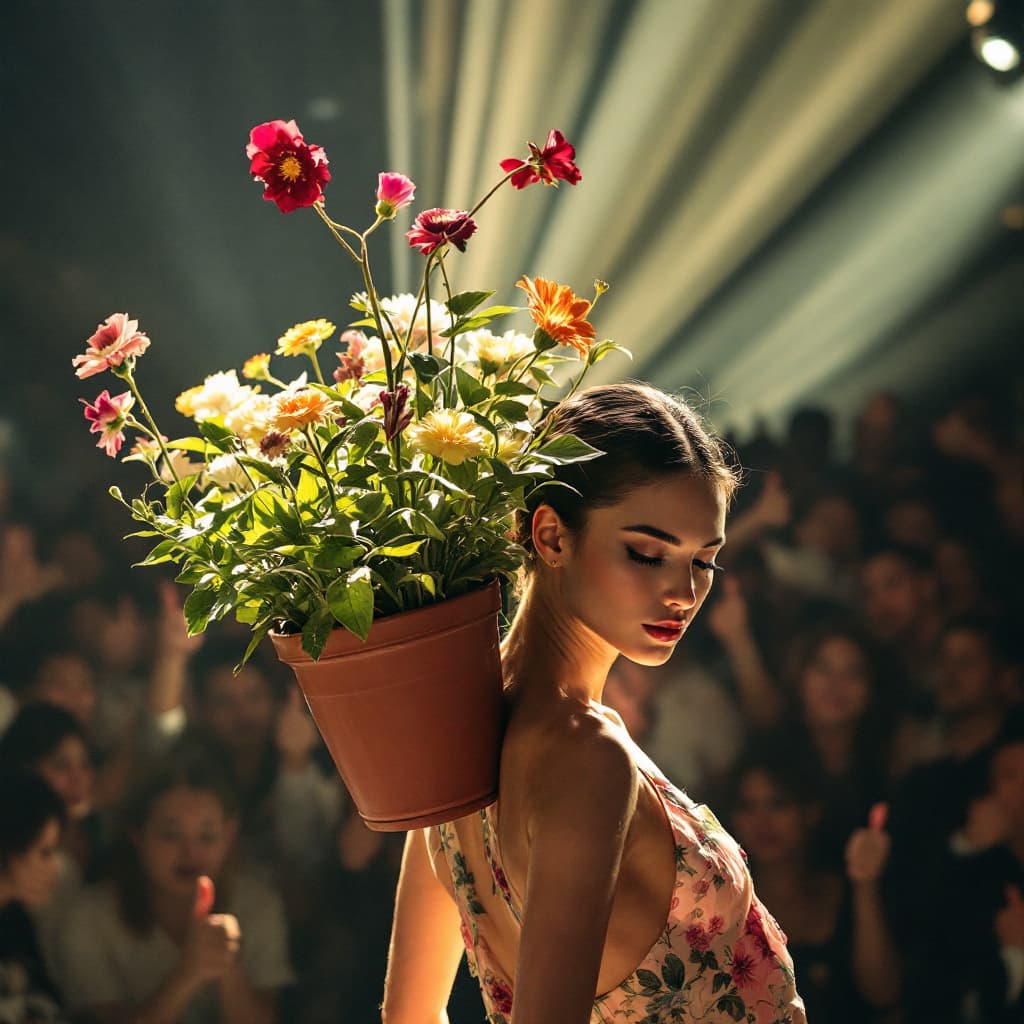 AI generated: A photo model bending over with a large pot flower stuck to her back her back. In the background is ...