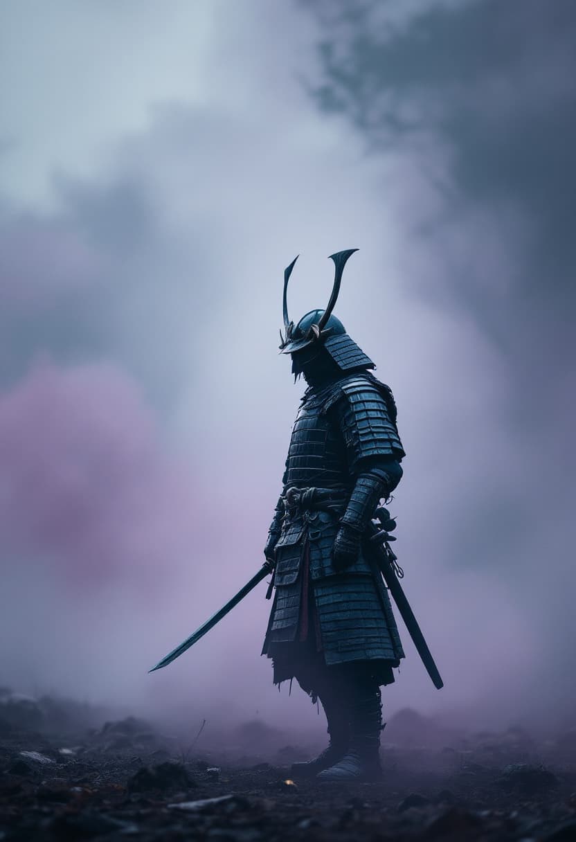 AI generated: A lone traditional Japanese samurai in worn armor, standing grounded in a misty environment. His sta...