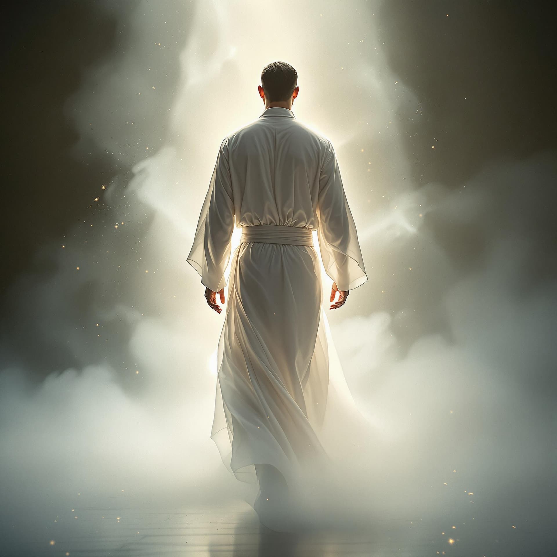 AI generated: A fine art, hyper-realistic, cinematic image of a man wearing a white long cotton robe with a sash, ...