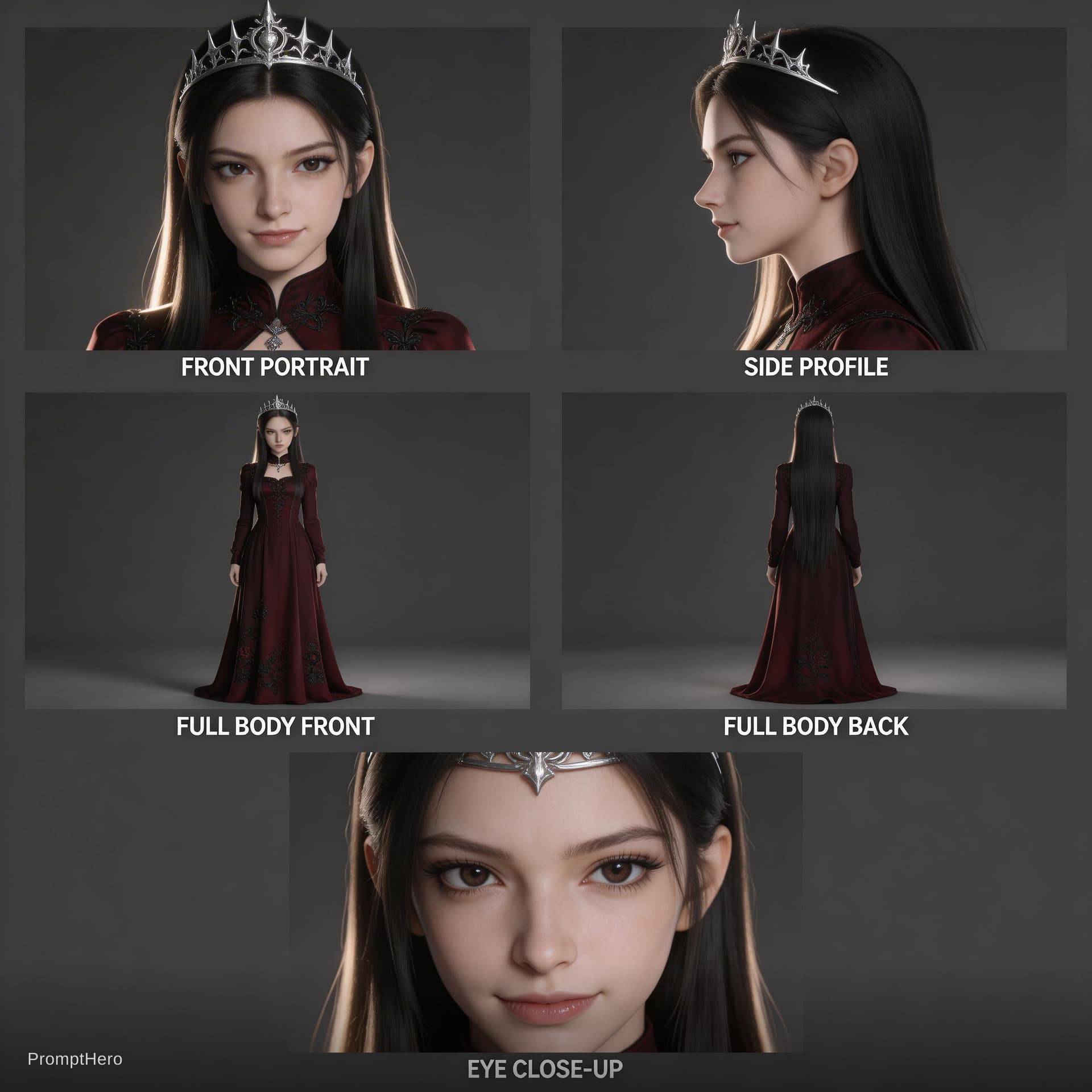 AI generated: dark fantasy character sheet of a young evil princess, around 17 years old, thin and elegant body, p...