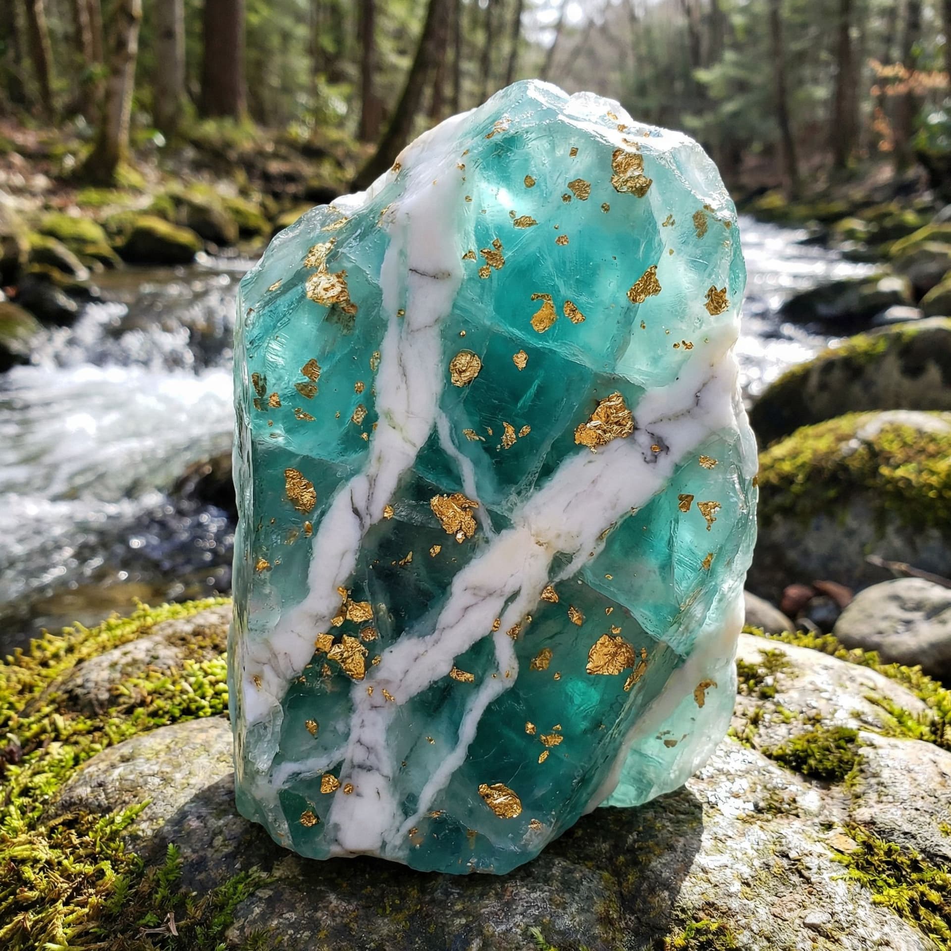 AI generated: A teal crystal with solid white veins like marble running through it and flakes of gold spread evenl...