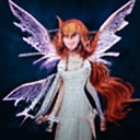 AI generated: oil painting, a female fairy with red hair , purple eyes , elf ears, red hair styled in a pony tail,...