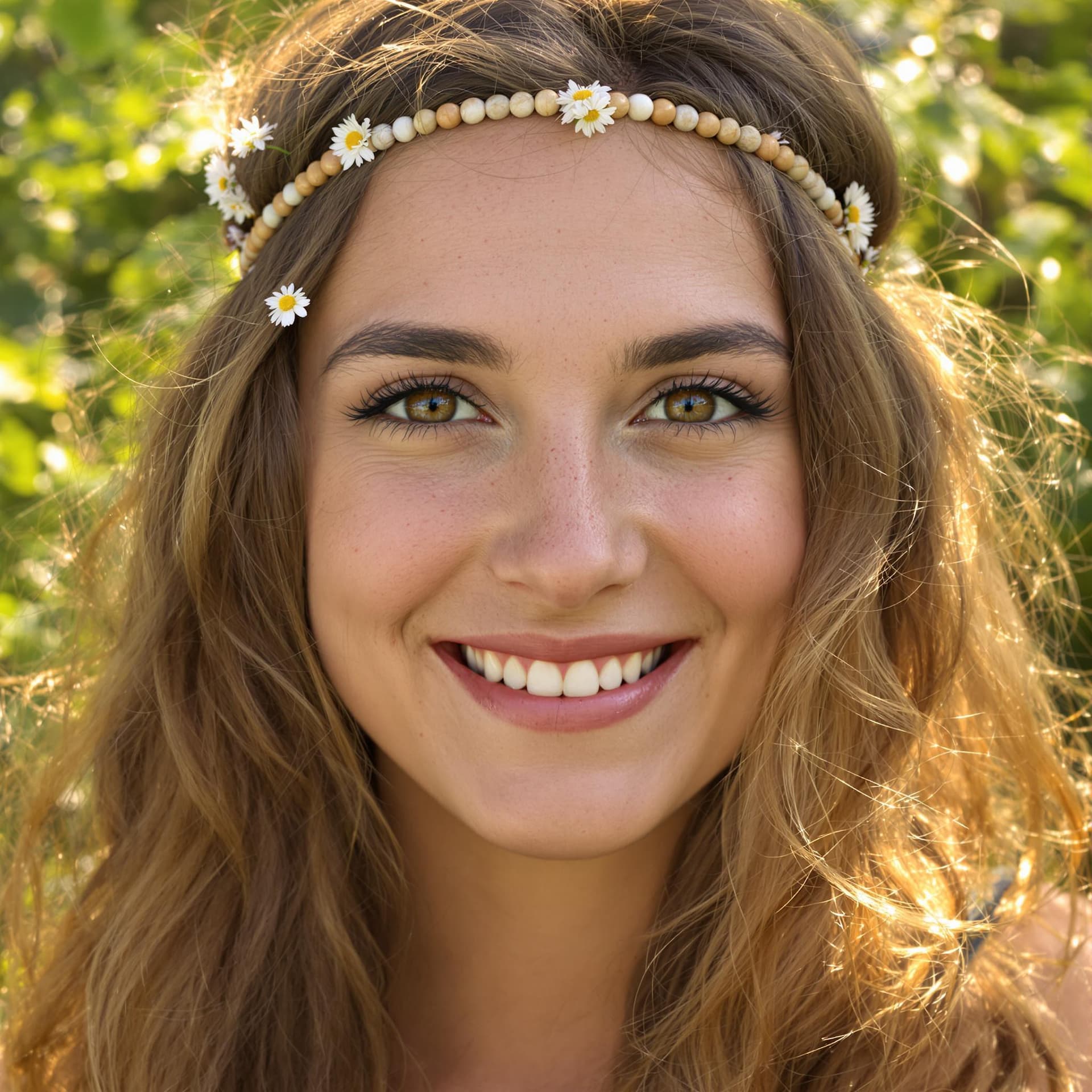 AI generated: Hyper-realistic close-up portrait of a free-spirited hippie woman with light brown, sun-kissed hair ...
