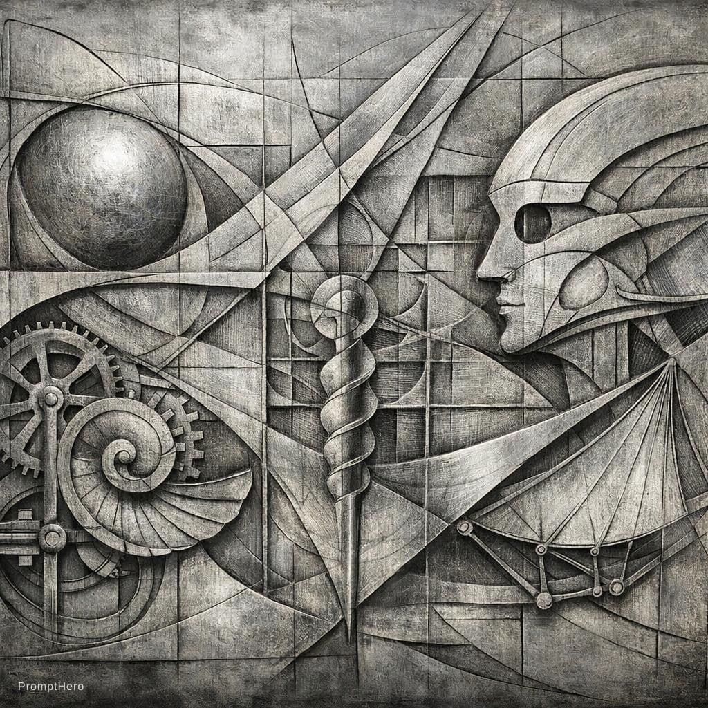 AI generated:  style of Leonardo da Vinci aluminum abstract art