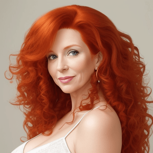AI generated: Photo of a gorgeous long curly hair redhead woman who is 50 years old.