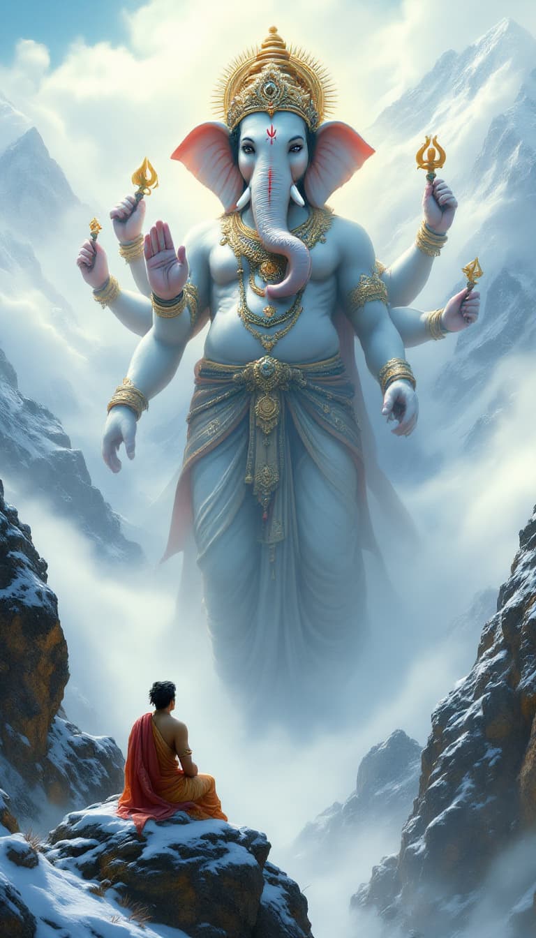 AI generated: "A majestic, divine scene set in the snow-covered Himalayas. A giant, ethereal figure of Lord Ganesh...
