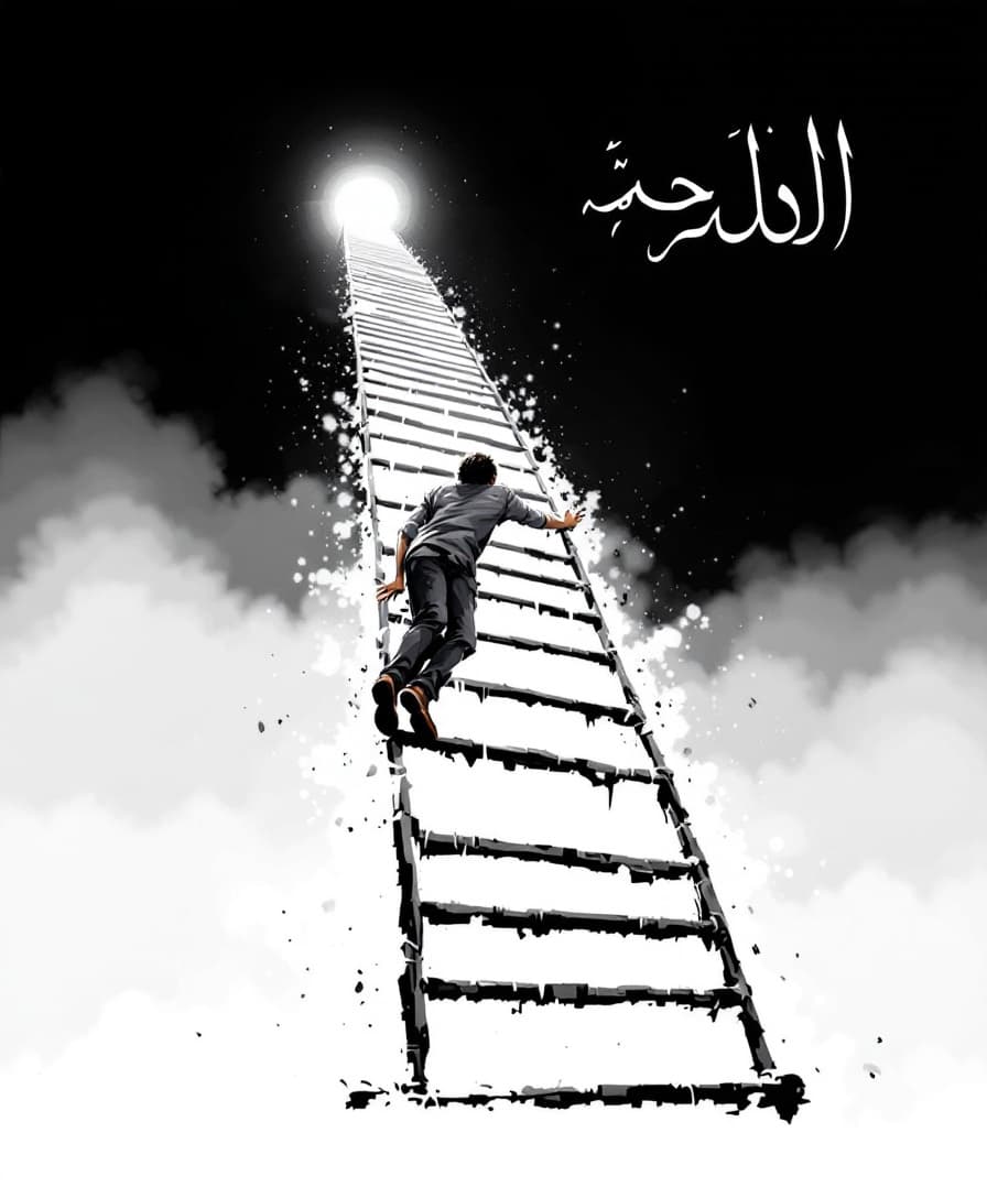 AI generated: A symbolic scene expressing ascent and advancement; a long, gradual ladder in the middle of the dark...