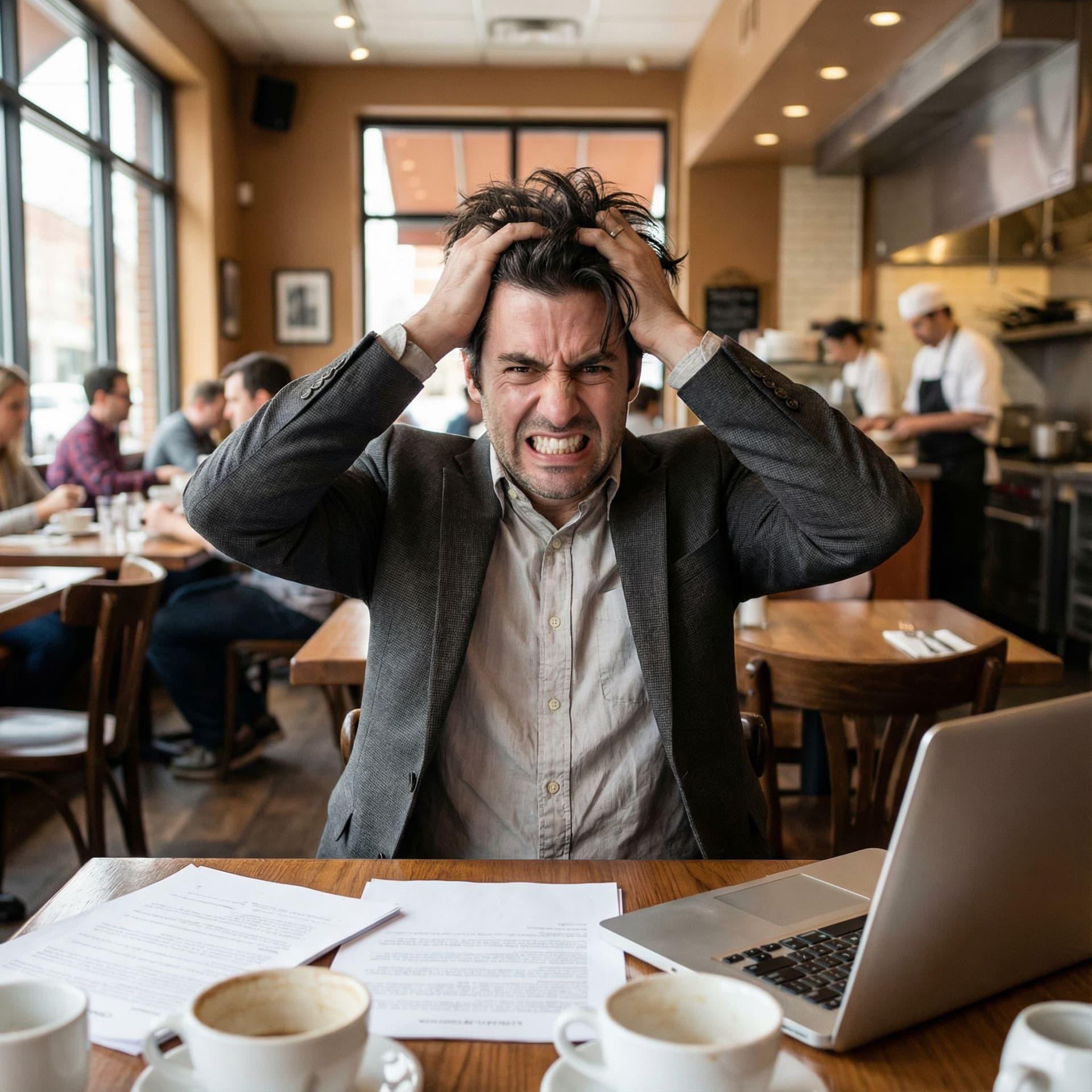 AI generated: good looking Business owner panicking with hands in hair in his restaurant and showing teeth, sittin...