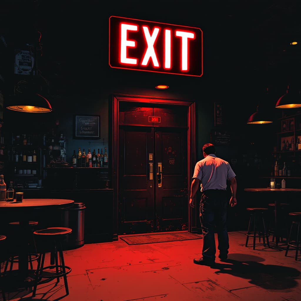 AI generated: exit sign lit up over the exit doors,  a bartender putting the stools upside down on tables.