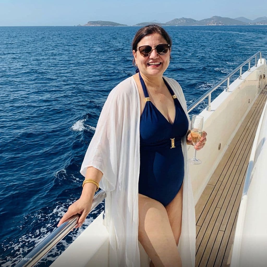 AI generated: The uploaded woman posing on a luxury yacht, stylish swimwear, ocean waves in the background, glamor...